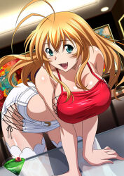 Rule 34 | 1girl, :d, alternate costume, antenna hair, bare arms, bent over, black ribbon, blonde hair, blue eyes, breasts, cleavage, collarbone, dutch angle, fang, floating hair, gluteal fold, hair between eyes, ikkitousen, indoors, large breasts, long hair, microskirt, midriff, open mouth, ribbon, shiny skin, skirt, smile, solo, sonsaku hakufu, straight hair, thighhighs, white skirt, white thighhighs