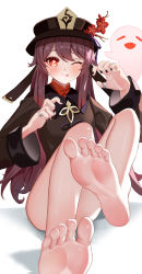 Rule 34 | 1girl, ;), ;p, absurdres, bare legs, barefoot, black headwear, black jacket, black nails, blush, brown hair, claw pose, commentary request, foot focus, foreshortening, genshin impact, he c92, highres, hitodama, hu tao (genshin impact), jacket, jewelry, long hair, long sleeves, nail polish, one eye closed, red eyes, revision, ring, sitting, smile, solo, tongue, tongue out, very long hair, white background