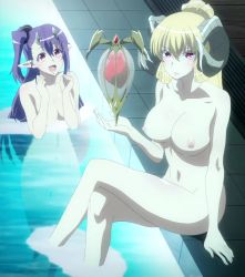 Rule 34 | 2girls, barefoot, blonde hair, breasts, completely nude, demon girl, horns, large breasts, leviathan (sin nanatsu no taizai), leviathan (the seven deadly sins), lips, long hair, lucifer (sin nanatsu no taizai), lucifer (the seven deadly sins), multiple girls, navel, nipples, nude, oni horns, pointy ears, pool, poolside, purple hair, red eyes, screencap, sin nanatsu no taizai, skinny dipping, tagme, the seven deadly sins, water