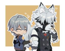 Rule 34 | 2boys, animal ear fluff, black gloves, black vest, blush, closed eyes, commentary, deformed, english commentary, fingerless gloves, furry, furry male, gloves, grey fur, grey hair, highres, hugging another&#039;s tail, hugging tail, jacket, male focus, multiple boys, p ponpondayo, short hair, simple background, smile, tail, upper body, vest, von lycaon, wolf boy, yellow background, zenless zone zero