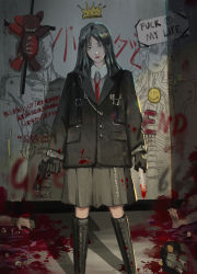 Rule 34 | 1girl, 3others, absurdres, barefoot, black footwear, black gloves, black hair, blood, blood on clothes, blood splatter, bloody weapon, blue eyes, chain, commentary, cross, crown, english commentary, english text, eyeball, eyeshadow, gloves, graffiti, grey skirt, gun, guro, handgun, heart, highres, holding, holding gun, holding knife, holding weapon, horns, intestines, knife, long hair, looking at viewer, makeup, monster, multiple others, necktie, original, pool of blood, purple z, red eyeshadow, red lips, red necktie, skirt, solo focus, stuffed toy, weapon, yellow horns