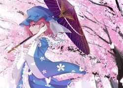 Rule 34 | 1girl, blue hat, blue kimono, cherry blossom print, cherry blossoms, commentary request, floral print, from side, hand in own hair, hat, highres, holding, holding umbrella, japanese clothes, kimono, kuro wa shinoru, long sleeves, looking at viewer, mob cap, oil-paper umbrella, outdoors, parted lips, pink hair, saigyouji yuyuko, short hair, solo, touhou, triangular headpiece, umbrella, wide sleeves
