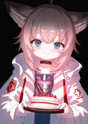 1girl absurdres animal_ear_fluff arknights birthday_cake black_background black_choker blue_eyes blush cake candle choker closed_mouth coat cross delfino food gloves highres holding holding_plate long_sleeves pink_hair plate red_cross short_hair simple_background smile solo sussurro_(arknights) white_coat white_gloves