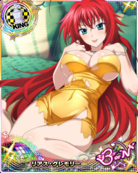 Rule 34 | 1girl, blue eyes, breasts, card (medium), cleavage, dress, gold clothes, high school dxd, large breasts, long hair, red hair, rias gremory, tagme, torn clothes, underboob