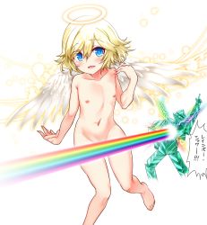 Rule 34 | 1boy, actraiser renaissance, angel, angel (actraiser renaissance), angel wings, blonde hair, blue eyes, blush, censored, convenient censoring, hair between eyes, halo, looking at viewer, nanamatsu kenji, nipples, nude, open mouth, simple background, smile, trap, white background, wings