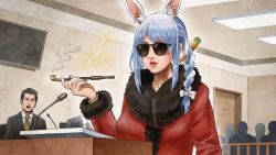 Rule 34 | animal ears, black eyes, black hair, blue hair, bow, braid, carrot hair ornament, coat, courtroom, door, enomoto yoshitaka, food-themed hair ornament, formal, fur-trimmed coat, fur trim, green necktie, hair bow, hair ornament, highres, holding, holding smoking pipe, hololive, jewelry, microphone, mole, mole above mouth, necklace, necktie, open mouth, parted lips, podium, rabbit ears, red necktie, second-party source, smoke, smoking pipe, suit, sunglasses, sweatdrop, television, twin braids, usada pekora, video crop, virtual youtuber, white hair