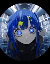 Rule 34 | 1girl, angel, angel wings, blue eyes, blue hair, closed mouth, fisheye, hair ornament, halo, highres, leaning forward, long hair, looking at viewer, original, restroom, solo, star-shaped pupils, star (symbol), star hair ornament, straight hair, symbol-shaped pupils, two side up, upper body, urokogaran, white wings, wings, x hair ornament
