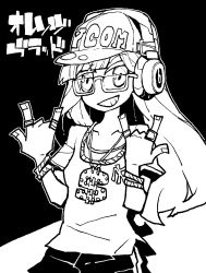 Rule 34 | 1girl, bracelet, character request, commentary, copyright request, dollar sign, dowman sayman, glasses, greyscale, hands up, hat, headphones, high contrast, highres, jewelry, long hair, looking at viewer, monochrome, necklace, ring, shirt, short sleeves, solo