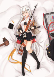 Rule 34 | 1girl, absurdres, asymmetrical legwear, barcode, barcode tattoo, black gloves, black skirt, black thighhighs, blush, breasts, brown jacket, cleavage, dragunov svd, from above, full body, girls&#039; frontline, gloves, grey eyes, grey hair, gun, hair ornament, hairclip, highres, huge filesize, jacket, knee up, long hair, looking at viewer, medium breasts, military, military uniform, muteppona hito, no shoes, open clothes, open mouth, open shirt, rifle, shirt, simple background, skirt, sniper rifle, solo, svd (girls&#039; frontline), tape, tattoo, thighhighs, uneven legwear, uniform, weapon, weapon case, white hair, white shirt