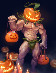 Rule 34 | 1boy, abs, absurdres, bara, black hair, briefs, candle, candy, feet out of frame, food, glowing, halloween, halloween costume, highres, jack-o&#039;-lantern, large pectorals, male focus, male underwear, muscular, muscular male, navel, nipples, original, patreon username, pectorals, pumpkin, pumpkin costume, pumpkin hat, short hair, silverjow, solo, thick thighs, thighs, topless male, underwear, veins