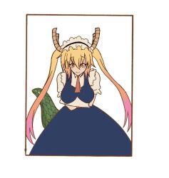 Rule 34 | 1girl, apron, arms under breasts, blonde hair, blush, breasts, closed mouth, crossed arms, dragon girl, dragon horns, dragon tail, gloves, highres, horns, kobayashi-san chi no maidragon, large breasts, long hair, maid, maid apron, maid headdress, multicolored hair, non-web source, sketch, tail, tohru (maidragon), twintails