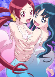Rule 34 | 2girls, arm around back, bare arms, bare shoulders, barefoot, blue background, blue dress, blue eyes, blue hair, breasts, cleavage, collarbone, dress, eyelashes, fingernails, foot out of frame, g gundam, gundam, hair ornament, hair scrunchie, hanasaki tsubomi, hand on another&#039;s back, heartcatch precure!, holding hands, interlocked fingers, kurumi erika, long dress, long hair, looking at viewer, m-yuki, medium breasts, multiple girls, open mouth, parody, parted hair, pink background, pink dress, pink eyes, pink hair, precure, scrunchie, sekiha love-love tenkyoken, simple background, sleeveless, sleeveless dress, small breasts, smile, sundress, toes, two-tone background, very long hair, wavy hair, yellow scrunchie