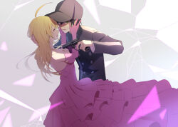 Rule 34 | 1boy, 1girl, ahoge, akamatsu kaede, bare shoulders, baseball cap, black hair, blonde hair, breasts, buttons, cleavage, collarbone, collared jacket, commentary request, crack, crying, crying with eyes open, danganronpa (series), danganronpa v3: killing harmony, double-breasted, dress, elbow gloves, face-to-face, fingernails, frilled dress, frills, glass shards, gloves, green eyes, grey background, grey hat, grey jacket, grey sleeves, gun, hair between eyes, hand on another&#039;s head, handgun, hands on another&#039;s cheeks, hands on another&#039;s face, hat, hetero, high collar, highres, holding, holding gun, holding weapon, jacket, layered sleeves, long dress, long hair, long sleeves, looking at another, medium breasts, nagichiro, pink dress, pink gloves, pointing gun, sad smile, saihara shuichi, short hair, simple background, slit pupils, spoilers, strapless, strapless dress, streaming tears, tears, weapon
