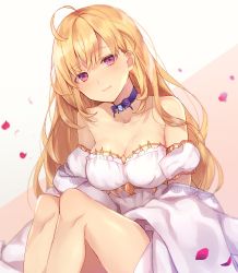 Rule 34 | 1girl, :3, ahoge, bare shoulders, blonde hair, breasts, choker, cleavage, closed mouth, collarbone, detached sleeves, dress, highres, knees up, long hair, looking at viewer, medium breasts, nijisanji, petals, pink eyes, puffy short sleeves, puffy sleeves, short sleeves, sitting, smile, solo, strapless, strapless dress, takamiya rion, takamiya rion (2nd costume), tnk319, two-tone background, virtual youtuber, white dress