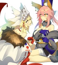 Rule 34 | 2girls, animal ear fluff, animal ears, bare shoulders, beast iv:l, blonde hair, blood, blood on hands, breasts, cleavage, dual persona, extra ears, fang, fate/extella, fate/extra, fate/grand order, fate (series), fox ears, fox girl, fox tail, fur-trimmed kimono, fur collar, fur trim, ghost (tama), hair over face, japanese clothes, kimono, koyanskaya (fate), koyanskaya (lostbelt beast:iv) (fate), large breasts, multiple girls, pink hair, shorts, simple background, skin fang, tail, tamamo (fate), tamamo no mae (fate/extra), tamamo no mae (moon crux) (fate), white background, white kimono, white shorts, yellow eyes