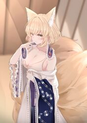 Rule 34 | 1girl, animal ear fluff, animal ears, blonde hair, blurry, blurry background, blush, breasts, cleavage, closed mouth, collarbone, dress, fox ears, fox tail, frilled sleeves, frills, highres, large breasts, long sleeves, multiple tails, sarasadou dan, short hair, solo, tail, touhou, white dress, wide sleeves, yakumo ran, yellow eyes