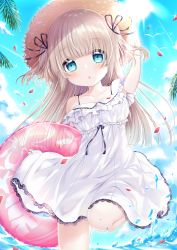 Rule 34 | 1girl, arm up, black ribbon, blue sky, blush, brown hair, brown hat, cloud, commentary request, day, dress, hair ribbon, hand on headwear, hat, holding, innertube, lace, lace-trimmed dress, lace trim, long hair, looking at viewer, moe2020, original, outdoors, parted lips, petals, ribbon, sky, solo, standing, standing on one leg, straw hat, sun, sunlight, swim ring, two side up, umino (umino00), very long hair, water, white dress