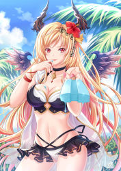 Rule 34 | 1girl, :p, bikini, black bikini, black choker, black skirt, blonde hair, blue sky, breasts, choker, cleavage, closed mouth, cloud, collarbone, commentary request, curled horns, dark angel olivia, day, dripping, feathered wings, fingernails, flower, food, food on hand, gluteal fold, granblue fantasy, groin, hair flower, hair ornament, hand to own mouth, holding, holding food, horns, long hair, medium breasts, melting, nail polish, navel, olivia (summer) (granblue fantasy), orange flower, outdoors, palm tree, pink nails, pleated skirt, popsicle, purple wings, red eyes, red flower, see-through, showgirl skirt, signature, skirt, sky, smile, solo, swimsuit, tongue, tongue out, tree, very long hair, villyane, white bikini, wings