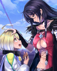 Rule 34 | 1boy, 1girl, :d, black hair, black neckwear, blonde hair, breasts, choker, claws, cloud, collar, comb, covered erect nipples, day, green eyes, hand on another&#039;s head, highres, laphicet (tales), long hair, looking at another, navel, open mouth, revision, ship, shishin (shishintei), sky, smile, tales of (series), tales of berseria, underboob, velvet crowe, water, watercraft, yellow eyes