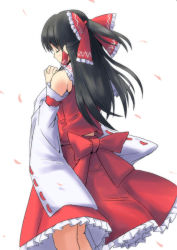 Rule 34 | 1girl, arms up, black hair, bow, detached sleeves, closed eyes, female focus, hair bow, hair tubes, hakurei reimu, own hands clasped, japanese clothes, long sleeves, miko, own hands together, petals, ponytail, praying, shirt, skirt, skirt set, solo, touhou, vent arbre