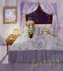 Rule 34 | 00s, 2girls, alicia testarossa, bed, bed sheet, blanket, blonde hair, book, brown eyes, curvy, desk lamp, closed eyes, fate testarossa, hachi (hachikai), holding, holding book, indoors, lamp, light, looking at viewer, lyrical nanoha, mahou shoujo lyrical nanoha, multiple girls, on bed, open book, pillow, reading, siblings, sisters, sleeping, window