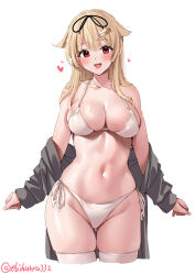 Rule 34 | 1girl, bikini, black ribbon, blonde hair, blush, breasts, collarbone, cropped legs, ebifurya, gluteal fold, grey robe, groin, hair between eyes, hair flaps, hair ribbon, hashtag-only commentary, heart, highres, kantai collection, large breasts, long hair, long sleeves, looking at viewer, navel, one-hour drawing challenge, open clothes, open mouth, red eyes, ribbon, robe, robe partially removed, side-tie bikini bottom, sidelocks, simple background, skindentation, smile, solo, swimsuit, thighhighs, thighs, twitter username, white background, white bikini, white thighhighs, yuudachi (kancolle), yuudachi kai ni (kancolle)
