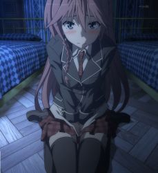 Rule 34 | 10s, 1girl, asami lilith, bedroom, blue eyes, blush, braid, female focus, have to pee, highres, long hair, looking at viewer, necktie, pleated skirt, red hair, school uniform, screencap, shirt, sitting, skirt, solo, thighhighs, trinity seven, untucked shirt, wariza, window, wooden floor, zettai ryouiki