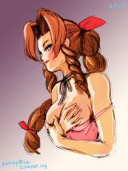 Rule 34 | 1girl, 2015, aerith gainsborough, bare shoulders, blue eyes, blush, breasts, brown hair, choker, covering privates, covering breasts, dress, final fantasy, final fantasy vii, large breasts, long hair, mina cream, pink dress, ponytail, purple background, shiny skin, square enix, square soft, upper body, very long hair