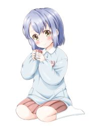 Rule 34 | 1girl, blue hair, blue shirt, blush, brown eyes, character request, closed mouth, collared shirt, cup, full body, hair between eyes, highres, holding, holding cup, idolmaster, idolmaster cinderella girls, kindergarten uniform, long sleeves, looking at viewer, no shoes, pleated skirt, puffy long sleeves, puffy sleeves, red skirt, regular mow, shirt, simple background, sitting, skirt, sleeves past wrists, smile, socks, solo, wariza, white background, white socks