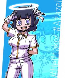 Rule 34 | 1girl, angel, arm up, azazel (helltaker), black hair, blue eyes, breasts, character name, collared shirt, cowboy shot, gloves, hair ribbon, halftone, halo, helltaker, looking at viewer, medium breasts, open mouth, outline, ribbon, salute, setter (seven stars), shirt, shirt tucked in, short hair, short sleeves, smile, solo, white gloves, white outline, white ribbon, white shirt, zoom layer