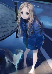 Rule 34 | 1girl, animal, aqua eyes, arms at sides, barefoot, blonde hair, blue coat, bollard, caidychen, cat, closed mouth, coat, commentary, from above, glitch, highres, hologram, leaning forward, little girl (pragmata), long hair, long sleeves, looking at viewer, no pants, parted hair, pragmata, puddle, reflection, road, shadow, solo, standing, street, wavy hair