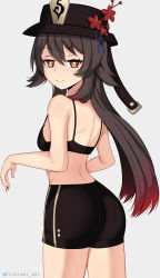 Rule 34 | 1girl, ass, bare shoulders, bra, breasts, brown hair, colored tips, from behind, genshin impact, gradient hair, grey background, hat, highres, hioyami, hu tao (genshin impact), long hair, looking at viewer, multicolored hair, red eyes, red hair, shiny skin, shorts, sideboob, simple background, small breasts, smile, solo, symbol-shaped pupils, underwear, very long hair