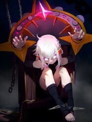 Rule 34 | 1girl, ahoge, briar (league of legends), chain, chained, chained wrists, commentary, english commentary, fingernails, fog, glowing, glowing eyes, hair between eyes, hangedre, highres, league of legends, long hair, looking at viewer, multicolored hair, nail polish, pink hair, pointy ears, shadow, sharp fingernails, sharp toenails, sidelocks, sitting, solo, streaked hair, toeless legwear, toenail polish, toenails, toes, two-tone hair, vampire, white hair, white nails, wrist cuffs