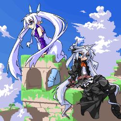 Rule 34 | 2girls, armor, belt, blue eyes, boots, borrowed character, female focus, gauntlets, lowres, mof, mof&#039;s silver haired twintailed girl, multiple girls, oekaki, original, ruins, silver hair, twintails