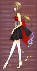 Rule 34 | 1girl, bare shoulders, bass clef, blue eyes, brown hair, female focus, flat sign, full body, h311cat, high heels, long hair, musical note, original, profile, quaver, shoes, solo, staff (music), thighhighs, treble clef, white thighhighs, zettai ryouiki
