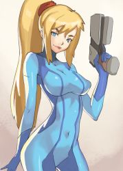 Rule 34 | 1girl, blonde hair, blue eyes, bodysuit, breasts, closed mouth, gloves, gun, high ponytail, highres, large breasts, long hair, looking at viewer, metroid, mole, nintendo, ponytail, samus aran, simple background, skin tight, smile, solo, vins-mousseux, weapon, zero suit