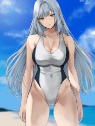 Rule 34 | 1girl, beach, black one-piece swimsuit, blue sky, breasts, chest tattoo, cleavage, closed mouth, collarbone, competition swimsuit, covered navel, cowboy shot, ethel (xenoblade), grey eyes, grey hair, grey one-piece swimsuit, head tilt, highleg, highleg swimsuit, highres, large breasts, long hair, ocean, one-piece swimsuit, sky, solo, swimsuit, tattoo, two-tone swimsuit, xenoblade chronicles (series), xenoblade chronicles 3, yamamori kinako