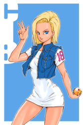Rule 34 | 1girl, android 18, artist name, blonde hair, breasts, dragon ball, dragonball z, female focus, highres, large breasts, looking at viewer, no pants, panties, r3ydart, salute, short hair, simple background, solo, underwear