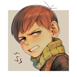 Rule 34 | 1boy, border, brown eyes, brown hair, chilchuck tims, clenched teeth, dungeon meshi, furrowed brow, halfling, leather, light brown background, male focus, outside border, portrait, ruoliang, short hair, solo, teeth, v-shaped eyebrows, white border