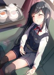 Rule 34 | 1girl, asashio (kancolle), asashio kai ni (kancolle), black dress, black hair, black thighhighs, closed eyes, collared shirt, commentary request, couch, cup, dress, dress shirt, feet out of frame, from above, highres, kantai collection, long hair, long sleeves, neck ribbon, numao178, pinafore dress, red ribbon, ribbon, shirt, sitting, sleeping, sleeveless dress, solo, tea set, teacup, teapot, thighhighs, white shirt