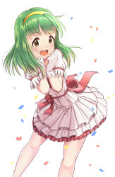 Rule 34 | 1girl, :d, blush, brown eyes, commentary request, confetti, dress, gloves, green hair, hairband, highres, idolmaster, idolmaster (classic), long hair, looking at viewer, mimikaki (men bow), mole, mole under mouth, open mouth, otonashi kotori, puffy short sleeves, puffy sleeves, short sleeves, smile, solo, teeth, upper teeth only, white background, white dress, white gloves, yellow hairband