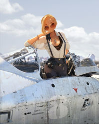 Rule 34 | 1girl, aircraft, airplane, aviator sunglasses, belt, black bra, black pants, blonde hair, bra, breasts, brown-tinted eyewear, cloud, cloudy sky, english text, gloves, hand on own hip, highres, jewelry, long sleeves, looking over eyewear, looking over glasses, maocha, medium breasts, necklace, open clothes, open shirt, original, outdoors, pants, reflection, shirt, shirt tucked in, short hair, sky, solo, sunglasses, suspenders, tinted eyewear, underwear, unworn gloves, watch, white shirt, wristwatch
