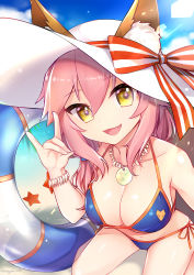 Rule 34 | 10s, 1girl, animal ears, bikini, blue bikini, blush, breasts, cleavage, collarbone, day, ears through headwear, fate/extra, fate/grand order, fate (series), fox ears, fox shadow puppet, fox tail, halterneck, hat, highres, large breasts, long hair, looking at viewer, nature, navel, ocean, outdoors, pink hair, side-tie bikini bottom, solo, string bikini, swimsuit, tail, tamamo (fate), tamamo no mae (fate/extra), tamamo no mae (swimsuit lancer) (fate), tamamo no mae (swimsuit lancer) (third ascension) (fate), white hat, yellow eyes