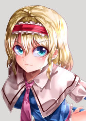 Rule 34 | 1girl, absurdres, alice margatroid, blonde hair, blue eyes, breasts, capelet, closed mouth, downscaled, frilled hairband, frills, grey background, hair between eyes, hairband, highres, leaning forward, looking at viewer, mahoro (minase mahoro), md5 mismatch, medium breasts, red hairband, resized, short hair, simple background, smile, solo, touhou, upper body, white capelet