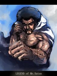Rule 34 | 1boy, afro, cape, dragon ball, dragonball z, facial hair, fighting stance, gouri daisuke, homex, letterboxed, male focus, mr. satan, mustache, one eye closed, solo, topless male, wink