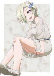 Rule 34 | 1girl, absurdres, asymmetrical bangs, bare shoulders, blonde hair, clothing cutout, dress, flower, green eyes, grey dress, hair flower, hair ornament, hair over one eye, highres, invisible chair, looking at viewer, love live!, love live! nijigasaki high school idol club, mia taylor, neo (neosky24), open mouth, see-through, see-through sleeves, short dress, short hair, shoulder cutout, sitting, sleeves past elbows, solo
