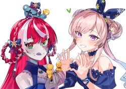 Rule 34 | 2girls, :q, airani iofifteen, bare shoulders, braid, braided bun, choker, commentary request, double bun, doughnut, dress, food, hair bun, heart, heart hands, heterochromia, highres, holding, holding food, hololive, hololive indonesia, kureiji ollie, kureiji ollie (indonesian dress), lace, lace choker, long hair, looking at viewer, mismatched pupils, multicolored hair, multiple girls, off-shoulder dress, off shoulder, patchwork skin, pon de ring, portrait, purple eyes, red hair, side-by-side, simple background, smile, star (symbol), star in eye, streaked hair, stuffed animal, stuffed toy, symbol in eye, teddy bear, tongue, tongue out, two-tone hair, udin (kureiji ollie), virtual youtuber, white background, yomosaka