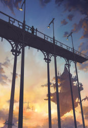 Rule 34 | ambiguous gender, blue sky, bridge, cloud, cloudy sky, commentary request, floating island, gradient sky, graphite (medium), kaitan, lamppost, original, railing, scenery, silhouette, sky, solo, standing, sunset, traditional media, yellow sky