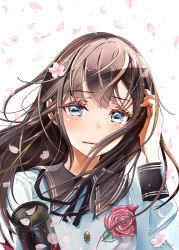 Rule 34 | 1girl, black hair, blue eyes, cherry blossoms, closed mouth, commentary request, flower, hair flip, hair flower, hair ornament, keepout, long hair, looking at viewer, original, solo, uniform, upper body