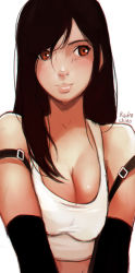 Rule 34 | 1990s (style), 1girl, bare shoulders, black hair, breasts, breasts squeezed together, cleavage, elbow gloves, final fantasy, final fantasy vii, gloves, highres, long hair, orange eyes, retro artstyle, roguetwo, signature, simple background, sketch, solo, square enix, tank top, tifa lockhart, upper body, white background